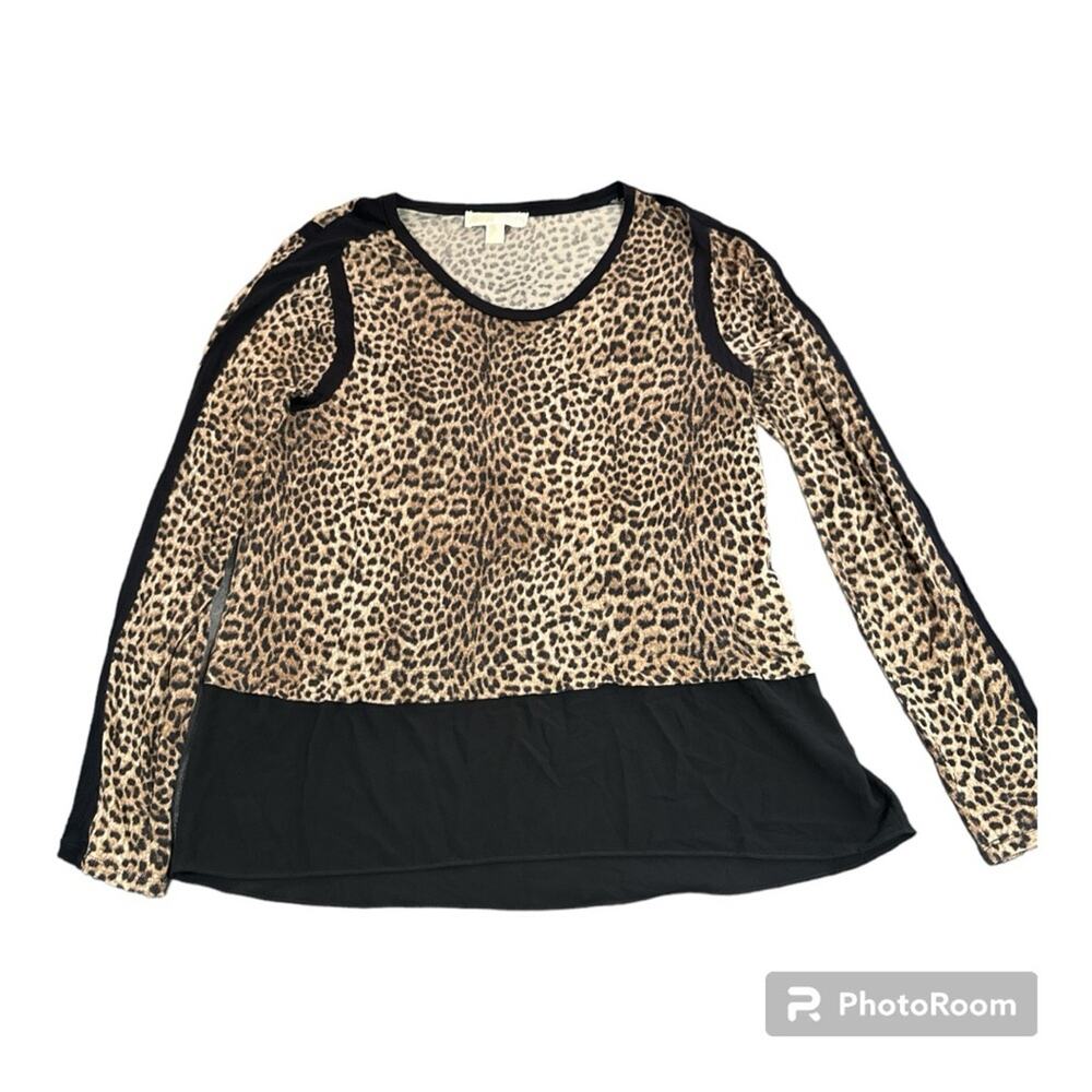 MICHAEL Michael Kors Women’s Top Long Sleeve Animal Print Black Tan Large